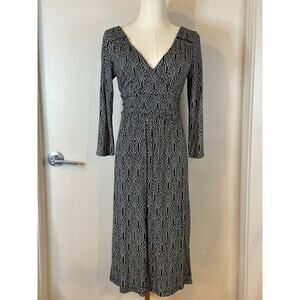 Maeve Anthropologie GALENA Small Black White Midi 3/4 Bell Sleeve Boho Dress Y2K